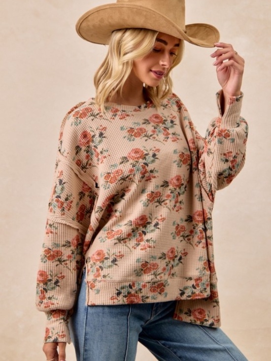 BiBi Tops - BIBI NWT Floral Waffle Knit Pullover Top Boho Cottagecore IT3426G